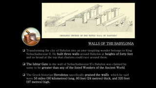 WALLS OF THE BABYLONIA
 Transforming the city of Babylon into an awe-inspiring wonder belongs to King
Nebuchadnezzar II. He built three walls around Babylon at heights of forty feet
and so broad at the top that chariots could race around them.
 The Ishtar Gate in the wall of Nebuchadnezzar II’s Babylon was claimed by
some to be greater than any of the listed Wonders of the Ancient World.
 The Greek historian Herodotus specifically praised the walls which he said
were 56 miles (90 kilometres) long, 80 feet (24 metres) thick, and 320 feet
(97 metres) high.
 