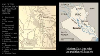 MAP OF THE
NEIGHBOURHOO
D OP BABYLON
AND BIRS-
NIMRUD.
A : The mound
Babil.
B: The mound
Kasr.
C : The mound
Amran-ibn-Ali.
D: The mound
Merkes.
E : Inner City-wall
of Babylon.
F : Outer City-wall
of Babylon.
G: Ruins of western
walls.
H : Temple-tower
of E-zida.
K : Ruins of E-zida.
L: Marsh.
M : Hindiya Canal
Modern Day Iraq with
the position of Babylon
 