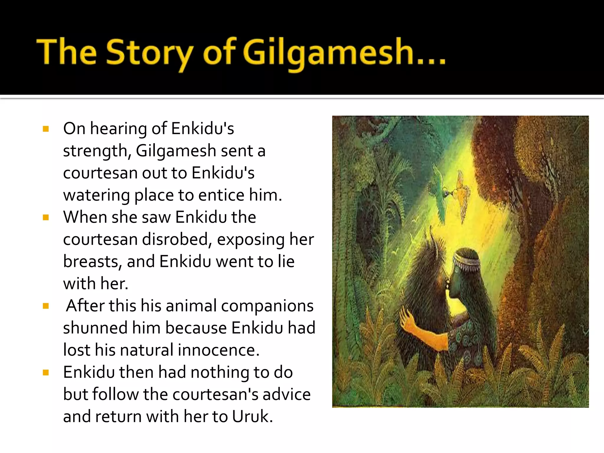  On hearing of Enkidu's
strength, Gilgamesh sent a
courtesan out to Enkidu's
watering place to entice him.
 When she saw Enkidu the
courtesan disrobed, exposing her
breasts, and Enkidu went to lie
with her.
 After this his animal companions
shunned him because Enkidu had
lost his natural innocence.
 Enkidu then had nothing to do
but follow the courtesan's advice
and return with her to Uruk.
 