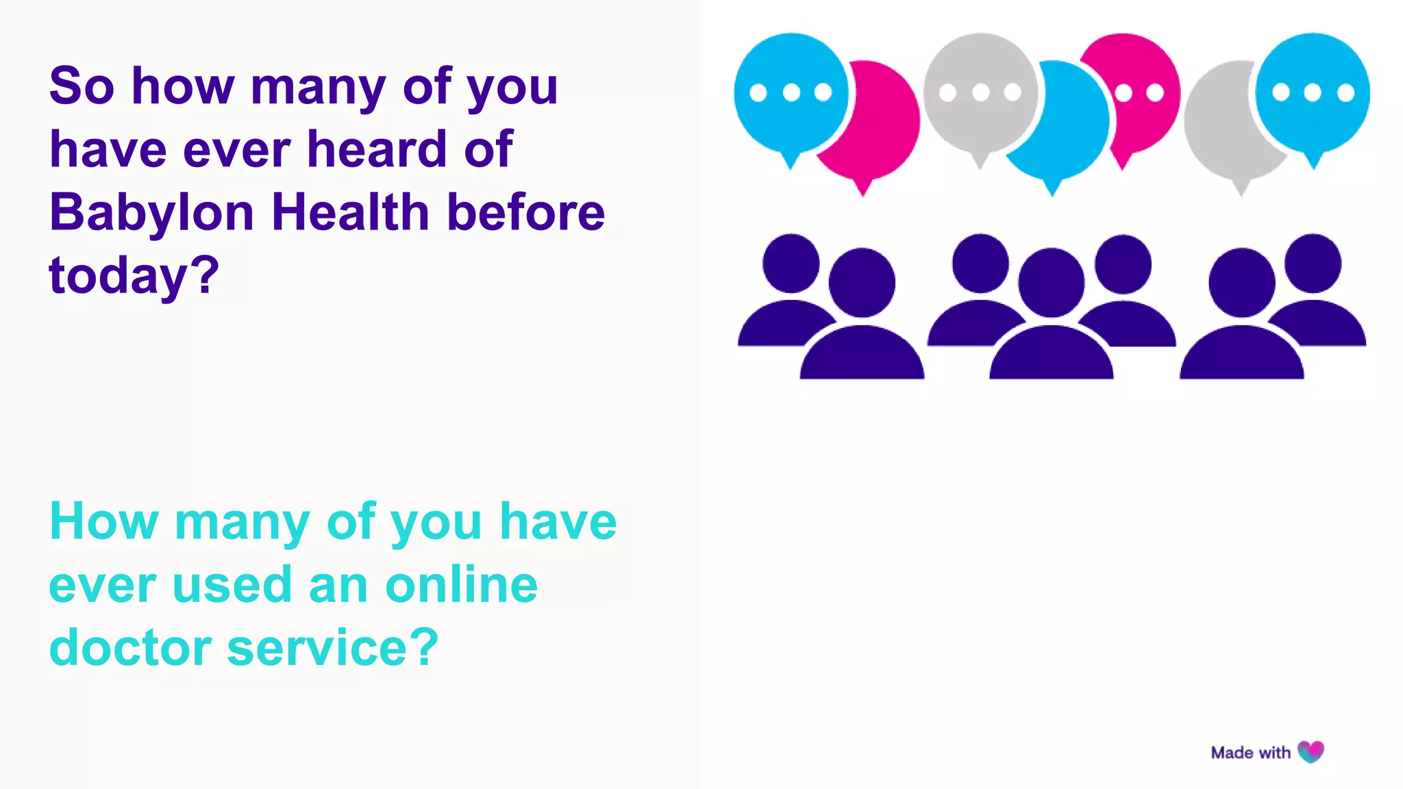 3
So how many of you
have ever heard of
Babylon Health before
today?
How many of you have
ever used an online
doctor service?
 