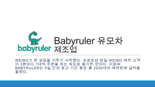 Babyruler 유모차
제조업
WEIBO가 큰 성공을 거두기 시작했다. 프로모션 당일 WEIBO 예약 고객이
3분마다 1대씩 주문을 하는 속도로 증가한 것이다. 이로써 BABYRULER는
5일 간의 광고 기간 동안 총 2000대의 예약판매 실적을 올렸다.

 