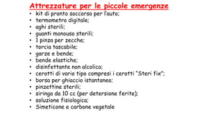 Attrezzature per le piccole emergenze
• kit di pronto soccorso per l’auto;
• termometro digitale;
• aghi sterili;
• guanti monouso sterili;
• 1 pinza per zecche;
• torcia tascabile;
• garze e bende;
• bende elastiche;
• disinfettante non alcolico;
• cerotti di vario tipo compresi i cerotti “Steri fix”;
• borsa per ghiaccio istantaneo;
• pinzettine sterili;
• siringa da 10 cc (per detersione ferite);
• soluzione fisiologica;
• Simeticone e carbone vegetale
 