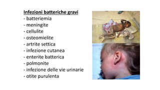 Infezioni	batteriche	gravi
- batteriemia
- meningite
- cellulite
- osteomielite
- artrite	settica
- infezione	cutanea
- enterite	batterica
- polmonite
- infezione	delle	vie	urinarie
- otite	purulenta
 