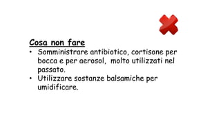 Cosa non fare
• Somministrare antibiotico, cortisone per
bocca e per aerosol, molto utilizzati nel
passato.
• Utilizzare sostanze balsamiche per
umidificare.
 