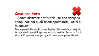 Cosa non fare
- Somministrare antibiotici se non sorgono
complicazioni quali broncopolmoniti, otiti e
le sinusiti.
Fra le possibili complicazioni legate alla terapia, si segnala
la rara sindrome di Reye, causata da un’interferenza fra il
virus e l'aspirina, che per questo non viene più utilizzata.
 