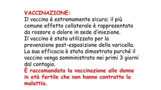 VACCINAZIONE:
Il vaccino è estremamente sicuro; il più
comune effetto collaterale è rappresentato
da rossore o dolore in sede d’iniezione.
Il vaccino è stato utilizzato per la
prevenzione post-esposizione della varicella.
La sua efficacia è stata dimostrata purché il
vaccino venga somministrato nei primi 3 giorni
dal contagio.
È raccomandata la vaccinazione alle donne
in età fertile che non hanno contratto la
malattia.
 