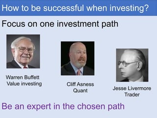 How to be successful when investing?
Focus on one investment path
Warren Buffett
Value investing Cliff Asness
Quant Jesse Livermore
Trader
Be an expert in the chosen path
 