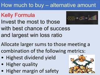 How much to buy – alternative amount
Kelly Formula
Invest the most to those
with best chance of success
and largest win loss ratio
Allocate larger sums to those meeting a
combination of the following metrics:
• Highest dividend yield
• Higher quality
• Higher margin of safety
 