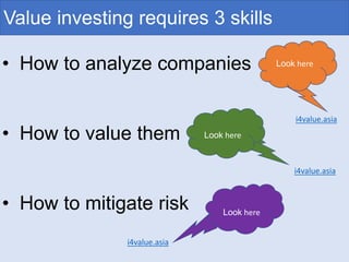 Value investing requires 3 skills
• How to analyze companies
• How to value them
• How to mitigate risk
Look here
Look here
Look here
i4value.asia
i4value.asia
i4value.asia
 