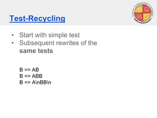Test-Recycling
• Start with simple test
• Subsequent rewrites of the
same tests
B => AB
B => ABB
B => AnBBn
 