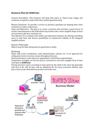 Business Plan for BABYzine

General Description: This business will keep kids (4yrs to 10yrs) busy, happy and
creatively occupied in malls while their mother/guardian shop.

Mission Statement: To provide a service to parents/ guardians by keeping their ward
involved in creative endeavours.
Goals and Objectives: The goal is to create a business that provides a good source of
artistic entertainment to the child which may further take a more tangible shape in form
of accessories, gift item, memento etc.
The objective is to compete with similar and alternative business by offering something
more to take back and discuss possibilities of commercial viability of the designed
tangible product.

Business Philosophy:
Make it easy for kids and parents to spend time in malls.

Marketing:
Work with event coordinators, mall administration, schools, etc. to be approved for
selling and events at various venues throughout the year.
Hand out business cards wherever appropriate to find future opportunities.
Competitive strengths are the low prices, convenience and more tangible form of time
well spent at BABYzine.
Pricing structure varies according to time spent by the child at the store but generally
will start at Rs. 250 an hour and an additional Rs. 50 every successive 20mins. Also
price varies as per final delivery product and order size.
 