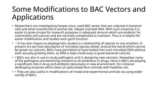 Some Modifications to BAC Vectors and
Applications
• Researchers are investigating herpes virus, used BAC vector that are cultured in bacterial
cells and when transferred in animal cell, release inserted DNA. With such instances it is
easier to grow viruses for research purposes in adequate amount which are endemic for
mammalian cell cultures and are normally complicated to maintain. Thus it is helpful for
easier modification and studies each gene function.
• • It has also impact on phylogenetic studies (i.e relationship of species to one another). In
present era we have abundance of microbial species allover around the world which cannot
be grown on cultures. BACs have permitted to have looked into such microbial DNA without
even actually growing them, as DNA is kept inside easy to grow bacterial cultures.
• • BACs are also in use to study pathogens and in designing new vaccines. Nowadays many
of the pathogens are becoming resistant to all antibiotics in drugs. Here in BACs are playing
a significant role in drug and antibiotic deiscovery in new environment. For instance
developing enzymes which clean oil spills breed farm animals with healthier etc.
• • They are also useful in modifications of modal and experimental animals via using wider
variety of BACs.
 