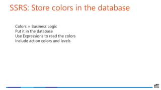 SSRS: Store colors in the database
Colors = Business Logic
Put it in the database
Use Expressions to read the colors
Include action colors and levels
 