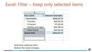 Excel: Filter – Keep only selected items
And hide selected item.
Notice the total changes.
 