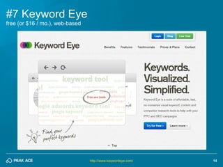 14 
#7 Keyword Eye 
http://www.keywordeye.com/ 
free (or $16 / mo.), web-based  