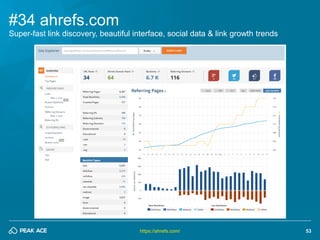 53 
#34 ahrefs.com 
https://ahrefs.com/ 
Super-fast link discovery, beautiful interface, social data & link growth trends  