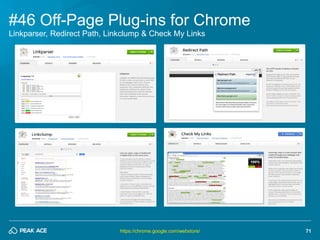 71 
#46 Off-Page Plug-ins for Chrome 
https://chrome.google.com/webstore/ 
Linkparser, Redirect Path, Linkclump & Check My...