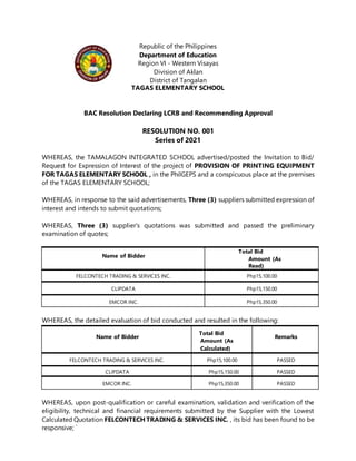 Republic of the Philippines
Department of Education
Region VI - Western Visayas
Division of Aklan
District of Tangalan
TAGAS ELEMENTARY SCHOOL
BAC Resolution Declaring LCRB and Recommending Approval
RESOLUTION NO. 001
Series of 2021
WHEREAS, the TAMALAGON INTEGRATED SCHOOL advertised/posted the Invitation to Bid/
Request for Expression of Interest of the project of PROVISION OF PRINTING EQUIPMENT
FOR TAGAS ELEMENTARY SCHOOL , in the PhilGEPS and a conspicuous place at the premises
of the TAGAS ELEMENTARY SCHOOL;
WHEREAS, in response to the said advertisements, Three (3) suppliers submitted expression of
interest and intends to submit quotations;
WHEREAS, Three (3) supplier’s quotations was submitted and passed the preliminary
examination of quotes;
Name of Bidder
Total Bid
Amount (As
Read)
FELCONTECH TRADING & SERVICES INC. Php15,100.00
CLIPDATA Php15,150.00
EMCOR INC. Php15,350.00
WHEREAS, the detailed evaluation of bid conducted and resulted in the following:
Name of Bidder
Total Bid
Amount (As
Calculated)
Remarks
FELCONTECH TRADING & SERVICES INC. Php15,100.00 PASSED
CLIPDATA Php15,150.00 PASSED
EMCOR INC. Php15,350.00 PASSED
WHEREAS, upon post-qualification or careful examination, validation and verification of the
eligibility, technical and financial requirements submitted by the Supplier with the Lowest
Calculated Quotation FELCONTECH TRADING & SERVICES INC. , its bid has been found to be
responsive; `
 