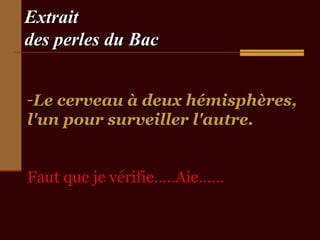 ExtraitExtrait
des perles du Bacdes perles du Bac
-Le cerveau à deux hémisphères,Le cerveau à deux hémisphères,
l'un pour surveiller l'autre.l'un pour surveiller l'autre.
Faut que je vérifie…..Aie……Faut que je vérifie…..Aie……
 