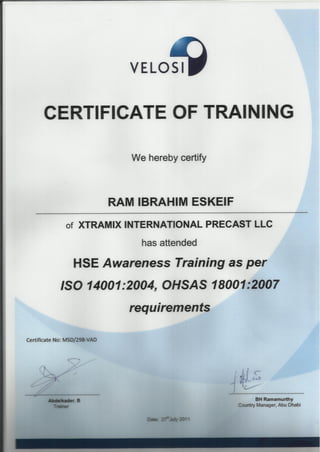 VELOSI - ISO  Certificate of Training