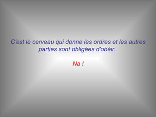 C'est le cerveau qui donne les ordres et les autres parties sont obligées d'obéir.  Na ! 