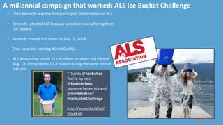 A millennial campaign that worked: ALS Ice Bucket Challenge
• Chris Kennedy was the first participant that referenced ALS
• Kennedy selected ALS because a relative was suffering from
the disease
• Kennedy posted this video on July 15, 2014
• They used the hashtag #StrikeOutALS
• ALS Association raised $15.6 million between July 29 and
Aug. 18, compared to $1.8 million during the same period
last year
“Thanks @JonBullas.
You're up next
@KevinAylwin,
Jeanette Senerchia and
@mattdodson7
#IceBucketChallenge
http://youtu.be/WpJC
Wjs6kYA”
 