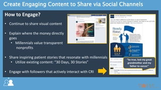 Create Engaging Content to Share via Social Channels
• Continue to share visual content
• Explain where the money directly
goes
• Millennials value transparent
nonprofits
• Share inspiring patient stories that resonate with millennials
• Utilize existing content: “30 Days, 30 Stories”
• Engage with followers that actively interact with CRI
How to Engage?
“So true, lost my great
grandmother and my
father to cancer”
 