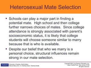 Heterosexual Mate Selection
•   Schools can play a major part in finding a
    potential mate. High school and then college
    further narrows choices of mates. Since college
    attendance is strongly associated with parent’s
    socioeconomic status, it is likely that college
    students will choose someone similar to marry
    because that is who is available.
•   Despite our belief that who we marry is a
    personal choice, structural influences remain
    strong in our mate selection.
                                                           Copyright ©2011 by Pearson Education, Inc.
    Diversity in Families, Ninth Edition
                                                               Upper Saddle River, New Jersey 07458
    Maxine Baca Zinn • D. Stanley Eitzen • Barbara Wells
                                                                                   All rights reserved.
 