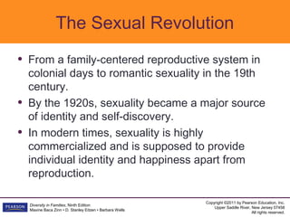 The Sexual Revolution
•   From a family-centered reproductive system in
    colonial days to romantic sexuality in the 19th
    century.
•   By the 1920s, sexuality became a major source
    of identity and self-discovery.
•   In modern times, sexuality is highly
    commercialized and is supposed to provide
    individual identity and happiness apart from
    reproduction.

                                                           Copyright ©2011 by Pearson Education, Inc.
    Diversity in Families, Ninth Edition
                                                               Upper Saddle River, New Jersey 07458
    Maxine Baca Zinn • D. Stanley Eitzen • Barbara Wells
                                                                                   All rights reserved.
 