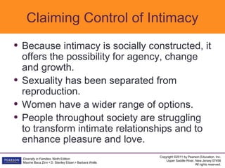Claiming Control of Intimacy
• Because intimacy is socially constructed, it
    offers the possibility for agency, change
    and growth.
•   Sexuality has been separated from
    reproduction.
•   Women have a wider range of options.
•   People throughout society are struggling
    to transform intimate relationships and to
    enhance pleasure and love.
                                                           Copyright ©2011 by Pearson Education, Inc.
    Diversity in Families, Ninth Edition
                                                               Upper Saddle River, New Jersey 07458
    Maxine Baca Zinn • D. Stanley Eitzen • Barbara Wells
                                                                                   All rights reserved.
 