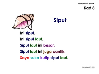 Bacaan Bergred Modul 4
Kad 8
Siput
Perkataan KV KVK
Ini siput.
Ini siput laut.
Siput laut ini besar.
Siput laut ini juga cantik.
Saya suka kutip siput laut.
 