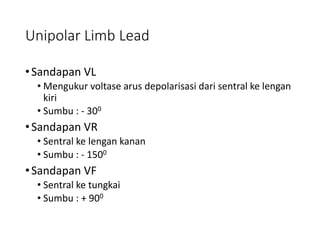Unipolar Limb Lead
•Sandapan VL
• Mengukur voltase arus depolarisasi dari sentral ke lengan
kiri
• Sumbu : - 300
•Sandapan VR
• Sentral ke lengan kanan
• Sumbu : - 1500
•Sandapan VF
• Sentral ke tungkai
• Sumbu : + 900
 
