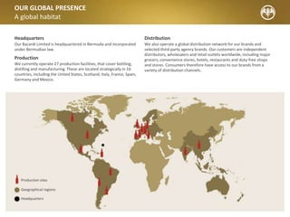 The Bacardi values are an integral part of our
employees’ lives, influencing individual and corporate
behaviour.
Our values are:
TRUST “True to Each Other”
We are firmly committed to supporting each other in
achieving our collective goals. We are connected in our
aspirations and trust each other to deliver them.
PASSION “Inspired by our heritage and our vision”
Our enduring passion is the prime motivator and driver for
consistently achieving excellence.
CARING “In all that we do”
We have a strong desire to protect our company’s identity
and nurture its future success – while never losing sight of
remaining responsible and respectful.
EXCELLENCE “Beyond what is expected”
We settle for nothing less than the best. Focusing on clear
targets followed through with controlled actions, we can all
achieve unbeatable performance.
At Bacardi, ‘Outstanding People’ means
talented and engaged employees who
are valued for their unique contributions
to the Company. By demonstrating their
commitment to our values of Trust, Caring,
Passion and Excellence, our people are the
best ambassadors for our Company and brands.
OUR CULTURE AND VALUES
Our Latin heritage infuses us with passion and energy
3.76
Our overall employee
engagement score
was 3.76 out of 5.
Best-in-class engagement
starts at 4.0.*
92%
Our first-ever Global
Employee Engagement
Survey achieved a
best-in-class response
rate of 92%.*
*Results from 2012 survey
 