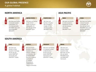 CORPORATE RESPONSIBILITY
Living our values
Ensuring a strong legacy for the future
Employees are most proud of Bacardi’s commitment to the area of Corporate Responsibility and in being able to make a positive
difference across Bacardi and the communities in which we operate. Our corporate values of Trust, Caring, Passion and Excellence
guide our approach to Corporate Responsibility. To deliver a best-in class program, we are focused on delivering continual
improvement and excellence in our performance, guided by five key pillars.
Our five key pillars
These reflect our main areas of activity:
Marketplace
Our ambition is to be best-in-class in promoting responsible drinking and to ensure we market our products in a
responsible way. To help achieve this, we build on the recognition already received for our award-winning responsible
drinking campaigns and continue to uphold our excellent compliance record against responsible marketing codes.
Environment, Health & Safety
Our values of Excellence and Caring underpin our aim to achieve best-in-class environmental and safety
performance. Most of our products’ environmental impacts are in our supply chain and we work in our own facilities
and with our suppliers to reduce impacts and risks across our whole value chain.
Responsible Sourcing
Our vision for Responsible Sourcing is for all of our raw materials and packaging to come from sustainably sourced,
renewable or recycled materials – reducing environmental and social impacts while maintaining or enhancing the
economic status of growers and suppliers.
People
Within the People pillar, we aim to unleash the potential of our people by creating a working environment where every
employee takes advantage of the development opportunities Bacardi offers. We will inspire, engage and support our
people and intend to become recognized internally and externally as a Great Place to Work.
Philanthropy & Community Development
We operate in many locations around the world and always aim to make a positive contribution to our local
communities. Our employees are members of these communities and taking part in community activities generates a
strong sense of pride. We provide support in four broad areas: arts and culture; education; environment; and health
and social services.
1
2
3
4
5
 