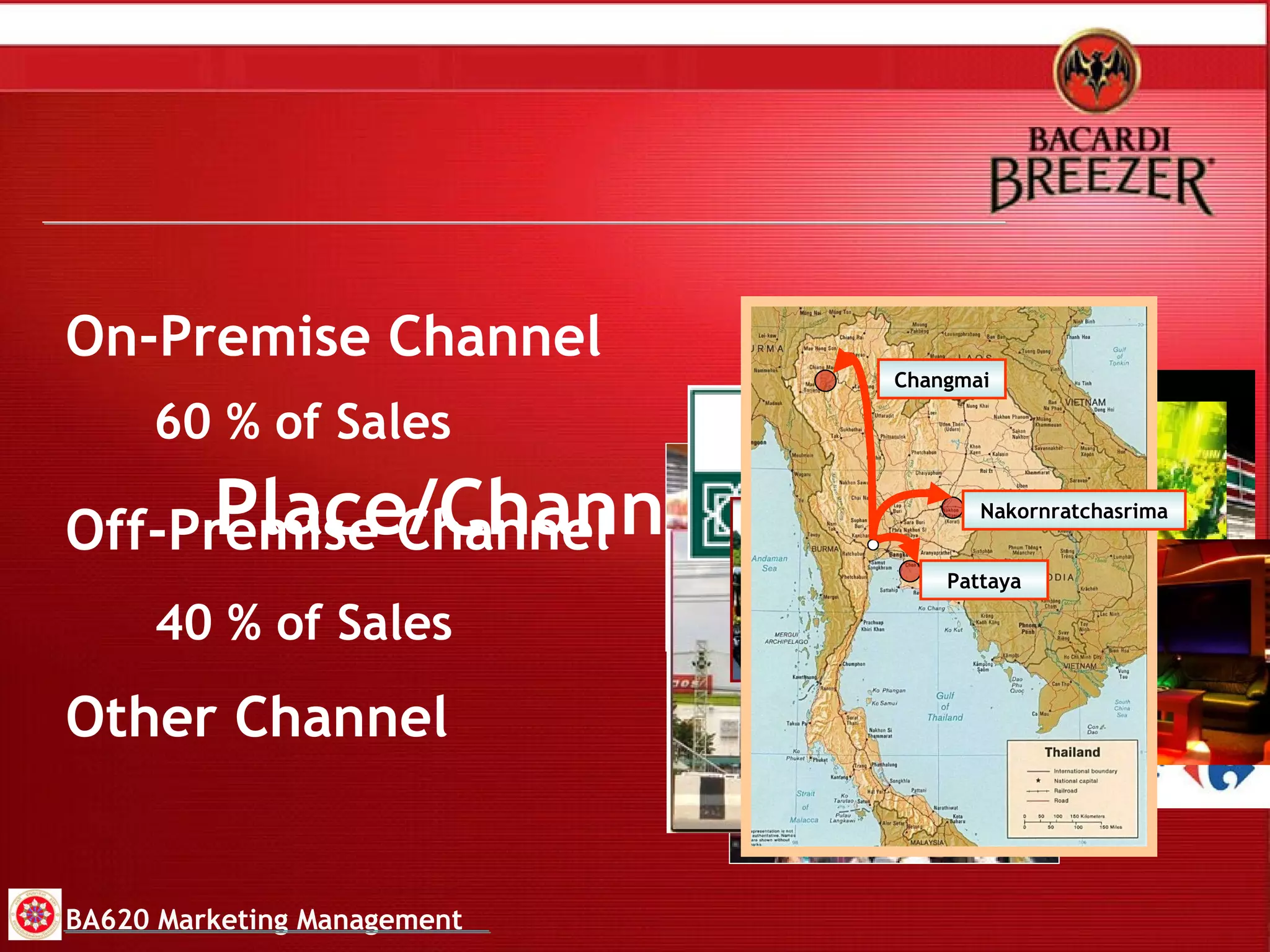 On-Premise Channel Place/Channel Strategy 60 % of Sales BA620 Marketing Management Off-Premise Channel 40 % of Sales Other Channel Changmai Nakornratchasrima Pattaya 