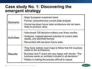 Case study No. 1: Discovering the emergent strategy  They have realistic road maps to follow that link business needs to the architecture.  Business and IT execs are very happy with results: “The business wants an architect included in all decisions.” Politics is making the process difficult to repeat. Results Interviewed 130 decision-makers over three months Analyzed, mapped planned activities to current state details, and identified themes Reconciled with top-down future state Activities Major European investment bank Formal, comprehensive current state analysis Formal top-down future state architecture did not seem likely to produce value. Scenario 