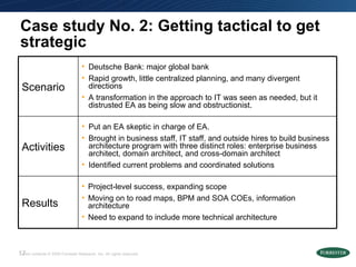 Case study No. 2: Getting tactical to get strategic  Project-level success, expanding scope Moving on to road maps, BPM and SOA COEs, information architecture  Need to expand to include more technical architecture  Results Put an EA skeptic in charge of EA. Brought in business staff, IT staff, and outside hires to build business architecture program with three distinct roles: enterprise business architect, domain architect, and cross-domain architect Identified current problems and coordinated solutions Activities Deutsche Bank: major global bank Rapid growth, little centralized planning, and many divergent directions A transformation in the approach to IT was seen as needed, but it distrusted EA as being slow and obstructionist. Scenario 