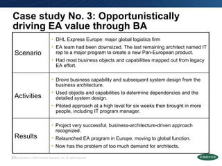 Case study No. 3: Opportunistically driving EA value through BA Project very successful, business-architecture-driven approach recognized. Relaunched EA program in Europe, moving to global function. Now has the problem of too much demand for architects.  Results Drove business capability and subsequent system design from the business architecture.  Used objects and capabilities to determine dependencies and the detailed system design. Piloted approach at a high level for six weeks then brought in more people, including IT program manager. Activities DHL Express Europe: major global logistics firm EA team had been downsized. The last remaining architect named IT rep to a major program to create a new Pan-European product. Had most business objects and capabilities mapped out from legacy EA effort. Scenario 