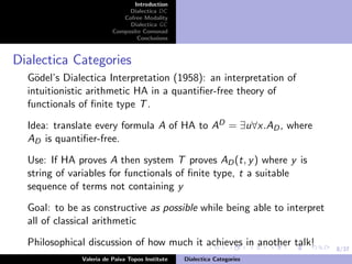 8/37
Introduction
Dialectica DC
Cofree Modality
Dialectica GC
Composite Comonad
Conclusions
Dialectica Categories
G¨odel’s Dialectica Interpretation (1958): an interpretation of
intuitionistic arithmetic HA in a quantiﬁer-free theory of
functionals of ﬁnite type T.
Idea: translate every formula A of HA to AD = ∃u∀x.AD, where
AD is quantiﬁer-free.
Use: If HA proves A then system T proves AD(t, y) where y is
string of variables for functionals of ﬁnite type, t a suitable
sequence of terms not containing y
Goal: to be as constructive as possible while being able to interpret
all of classical arithmetic
Philosophical discussion of how much it achieves in another talk!
Valeria de Paiva Topos Institute Dialectica Categories
 