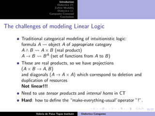 15/37
Introduction
Dialectica DC
Cofree Modality
Dialectica GC
Composite Comonad
Conclusions
The challenges of modeling Linear Logic
Traditional categorical modeling of intuitionistic logic:
formula A object A of appropriate category
A ∧ B A × B (real product)
A → B BA (set of functions from A to B)
These are real products, so we have projections
(A × B → A, B)
and diagonals (A → A × A) which correspond to deletion and
duplication of resources
Not linear!!!
Need to use tensor products and internal homs in CT
Hard: how to deﬁne the “make-everything-usual”operator ”!”.
Valeria de Paiva Topos Institute Dialectica Categories
 