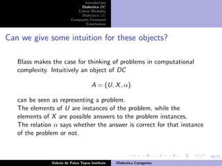 18/37
Introduction
Dialectica DC
Cofree Modality
Dialectica GC
Composite Comonad
Conclusions
Can we give some intuition for these objects?
Blass makes the case for thinking of problems in computational
complexity. Intuitively an object of DC
A = (U, X, α)
can be seen as representing a problem.
The elements of U are instances of the problem, while the
elements of X are possible answers to the problem instances.
The relation α says whether the answer is correct for that instance
of the problem or not.
Valeria de Paiva Topos Institute Dialectica Categories
 