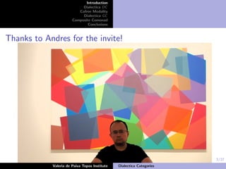 3/37
Introduction
Dialectica DC
Cofree Modality
Dialectica GC
Composite Comonad
Conclusions
Thanks to Andres for the invite!
Valeria de Paiva Topos Institute Dialectica Categories
 