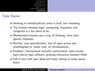 35/37
Introduction
Dialectica DC
Cofree Modality
Dialectica GC
Composite Comonad
Conclusions
Take Home
Working in interdisciplinary areas is hard, but rewarding.
The frontier between logic, computing, linguistics and
categories is a fun place to be.
Mathematics teaches you a way of thinking, more than
speciﬁc theorems.
Barriers: over-specialization, lack of open access and
unwillingness to ‘waste time’ on formalizations
Enablers: international scientiﬁc communities, open access,
open source logic software, growing interaction between ﬁelds
Fall in love with your ideas and enjoy talking to many about
them..
Valeria de Paiva Topos Institute Dialectica Categories
 
