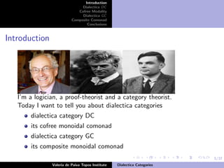 5/37
Introduction
Dialectica DC
Cofree Modality
Dialectica GC
Composite Comonad
Conclusions
Introduction
I’m a logician, a proof-theorist and a category theorist.
Today I want to tell you about dialectica categories
dialectica category DC
its cofree monoidal comonad
dialectica category GC
its composite monoidal comonad
Valeria de Paiva Topos Institute Dialectica Categories
 