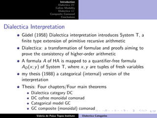 6/37
Introduction
Dialectica DC
Cofree Modality
Dialectica GC
Composite Comonad
Conclusions
Dialectica Interpretation
G¨odel (1958) Dialectica interpretation introduces System T, a
ﬁnite type extension of primitive recursive arithmetic
Dialectica: a transformation of formulae and proofs aiming to
prove the consistency of higher-order arithmetic
A formula A of HA is mapped to a quantiﬁer-free formula
AD(x; y) of System T, where x, y are tuples of fresh variables
my thesis (1988) a categorical (internal) version of the
interpretation
Thesis: Four chapters/Four main theorems
Dialectica category DC
DC cofree monoidal comonad
Categorical model GC
GC composite (monoidal) comonad
Valeria de Paiva Topos Institute Dialectica Categories
 
