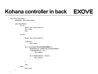 Kohana controller in back
  public function action_index() {
            $requestMethod = $this->request->method();

            switch ($requestMethod) {
                      case 'GET':
                                 $eventId = $this->request->param('id');
                                 $this->_read();
                                 break;

                      case 'POST':

                                 $eventId = $this->request->param('id');

                                 if (!$eventId) {
                                           $this->_create();
                                 }
                                 else if (isset($_SERVER['HTTP_X_HTTP_METHOD_OVERRIDE'])) {
                                           $httpMethodOverride = $_SERVER['HTTP_X_HTTP_METHOD_OVERRIDE'];
                                           if ($httpMethodOverride == "PUT") {
                                                      $this->_update();
                                           }
                                           else if ($httpMethodOverride == "DELETE") {
                                                      $this->_delete();
                                           }
                                 }

                                 break;
                      default:
                                 $this->_read();
            }
  }
 