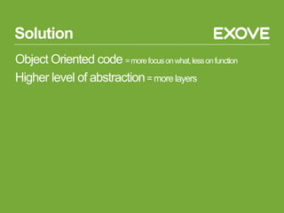 Solution
Object Oriented code = more focus on what, less on function
Higher level of abstraction = more layers
 