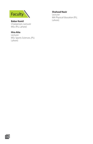 179
Faculty
Babar Kamil
Chairperson, Lecturer
MSc (PU, Lahore)
Hira Atta
Lecturer
MSc Sports Sciences, (PU,
Lahore)
Shahzad Nazir
Lecturer
MA Physical Education (PU,
Lahore)
 