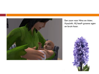 Een zoon voor Nina en Aster.
Hyacinth. Hij heeft groene ogen
en bruin haar.
 
