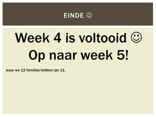 EINDE 


     Week 4 is voltooid 
      Op naar week 5!
waar we 12 families hebben ipv 11.
 